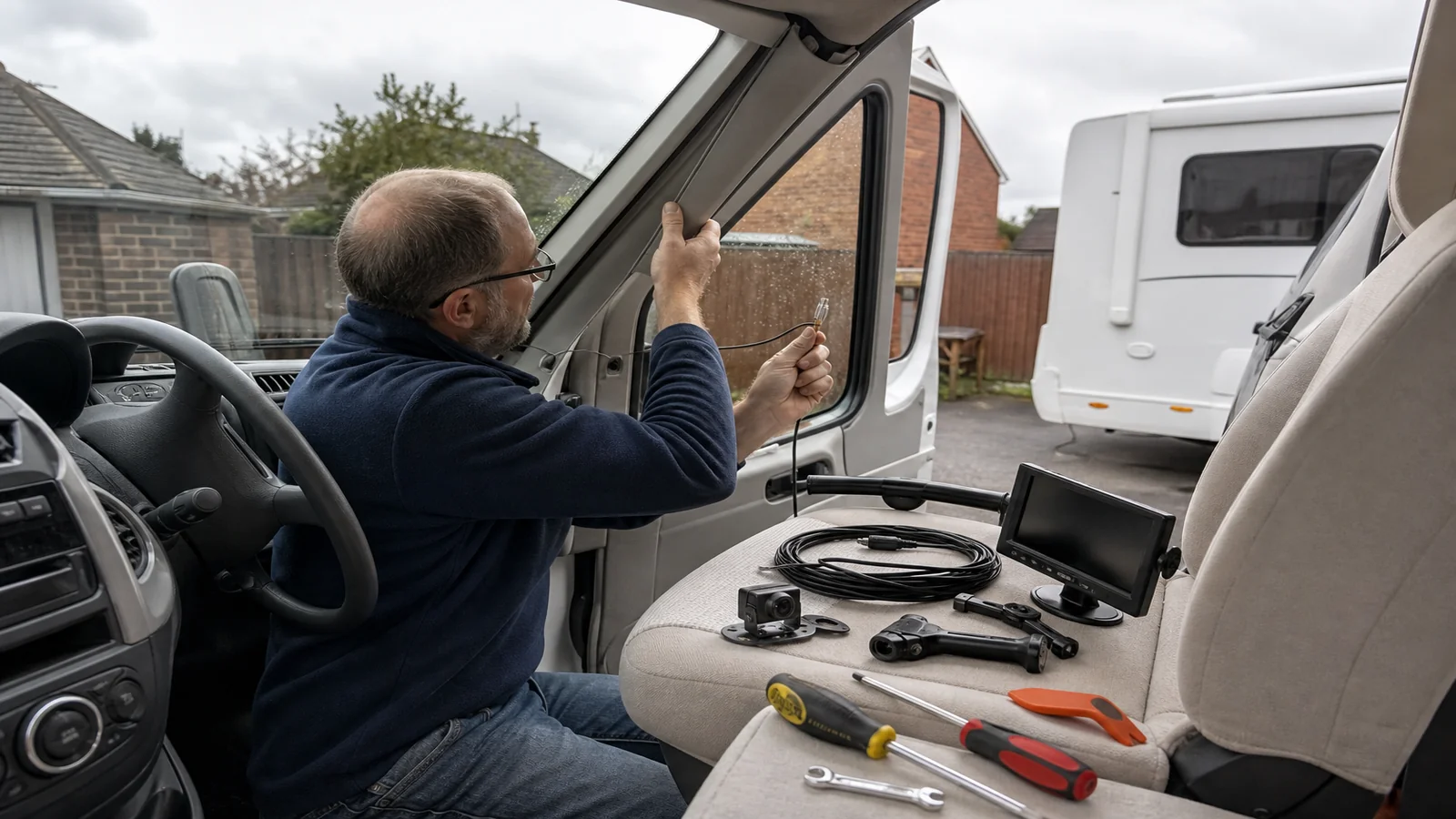 Motorhome DIY reversing camera cable routing path from mirror monitor to rear camera