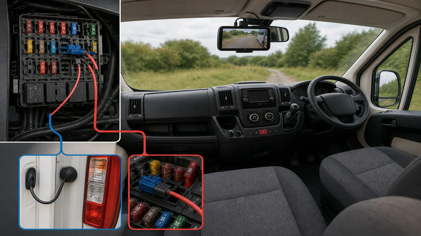 Wiring diagram comparing ignition-fed continuous view and reverse-light trigger for reversing cameras