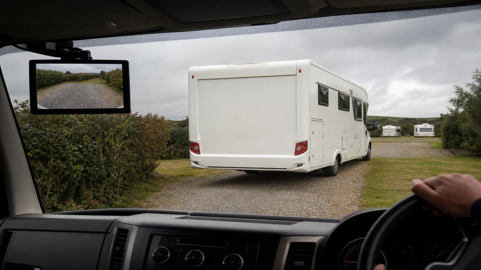 Diagram of a UK motorhome reversing into a tight campsite pitch using a clip-on mirror monitor for rear visibility