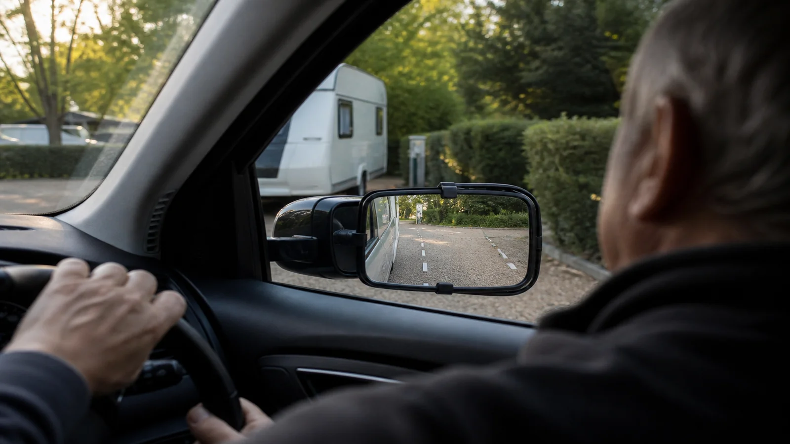 Step-by-step solo caravan pitch reversing using a mirror monitor on a UK campsite