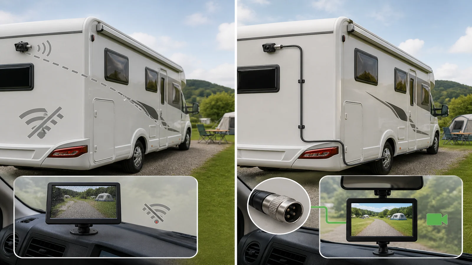Comparison of wireless interference versus stable wired reversing camera signal at a UK petrol station